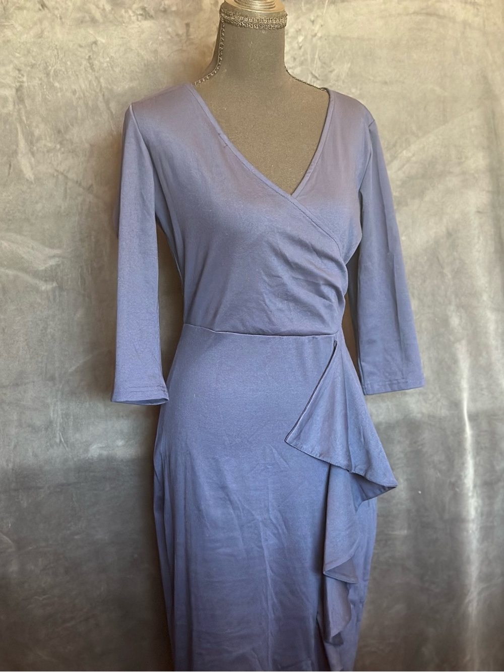 Lavender Wrap-Detail Midi Dress with Ruffle Accent